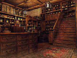Medieval magic shop with potions, books and spells, with a wooden counter and shelves. Made from 3d resources and painted elements. No AI used. 