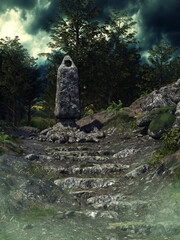 Fantasy scene with an ancient monolith with a hole standing on top of ruined stone stairs in a green forest. Made from 3d resources and painted elements. No AI used. 