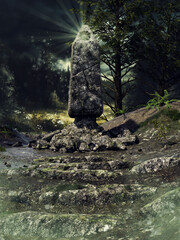 Fantasy ancient monolith made of stone, radiating light, standing in a dark green forest. Made from 3d resources and painted elements. No AI used. 