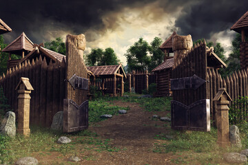 Wooden gate to an old medieval fantasy village, with wooden houses and green trees in the background. Made from 3d resources and painted elements. No AI used. 
