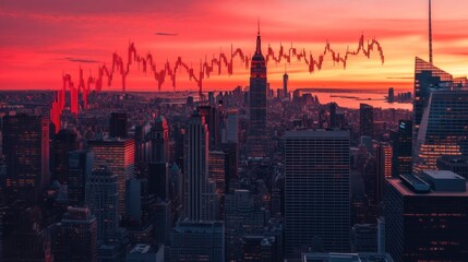 Fototapeta premium New york city skyline at sunset overlaid with a downward trending stock market graph.