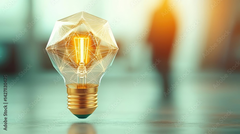 Poster Polygon lightbulb with innovation and exchange concept. Glowing geometric light bulb illuminating a modern workspace.