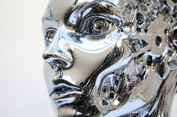 Futuristic robot with human-like facial anatomy, close-up capturing intricate details