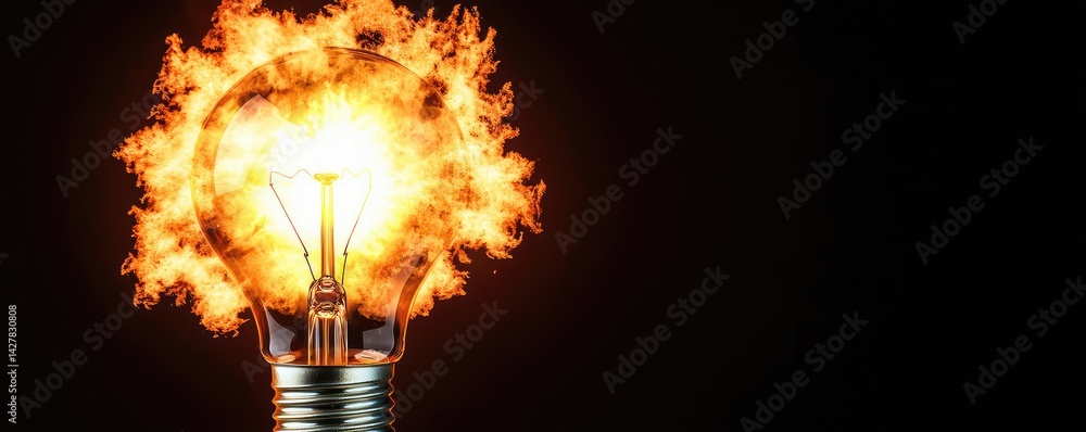 Poster Explosion of lightbulb showing filament and invention concept. A lightbulb engulfed in flames, symbolizing innovative ideas.