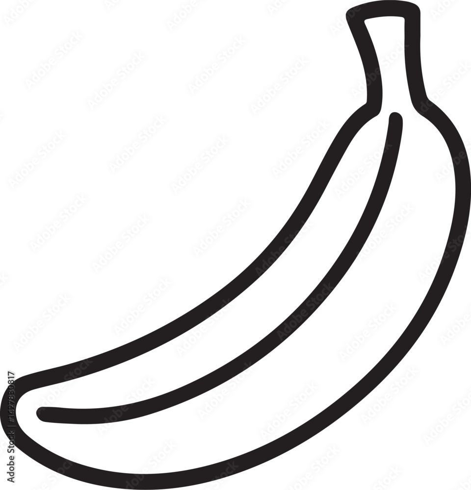 Poster simple banana illustration in monochrome style showing curved fruit in center with clean lines and n