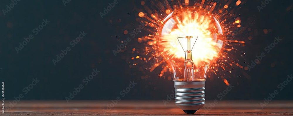 Poster Explosion of lightbulb showing filament and invention concept. A light bulb emitting sparks of creativity and innovation.