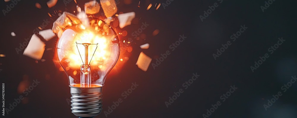 Poster Explosion of lightbulb showing filament and invention concept. An exploding light bulb symbolizing innovative ideas and creativity.