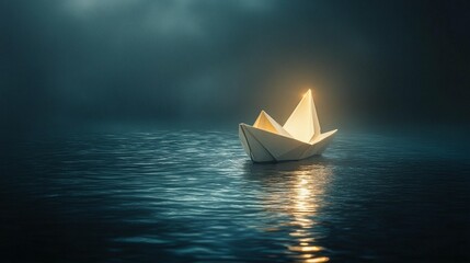 Glowing Paper Boat on Dark Water