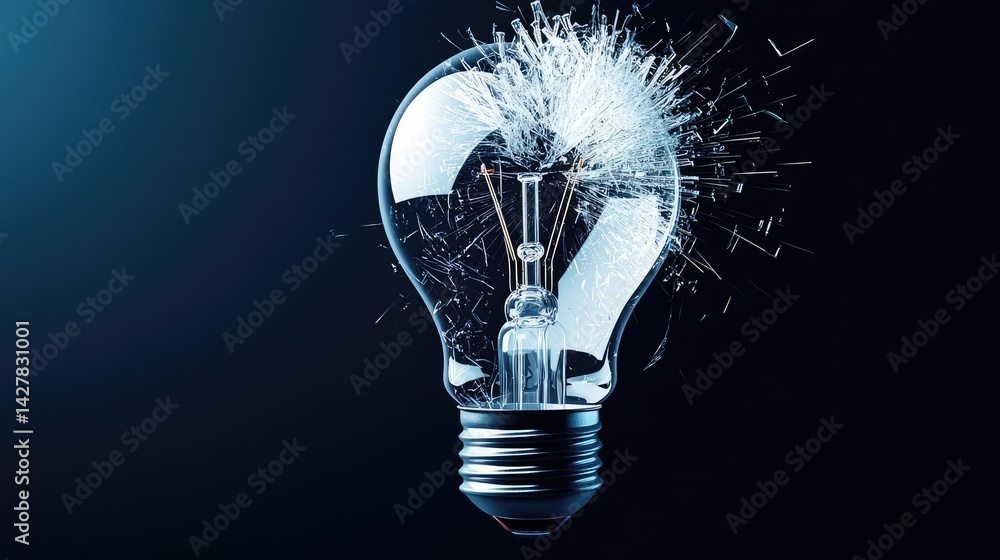Poster Explosion of lightbulb showing filament and invention concept. An exploding light bulb captures the essence of energy and innovation.