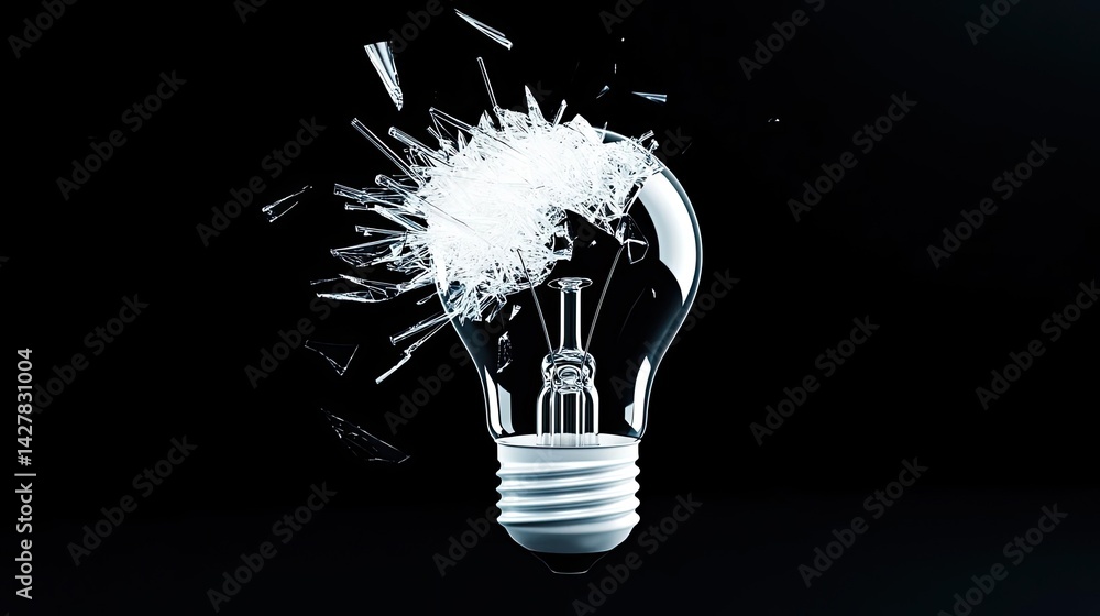 Poster explosion of lightbulb showing filament and invention concept. a shattered light bulb symbolizes bro