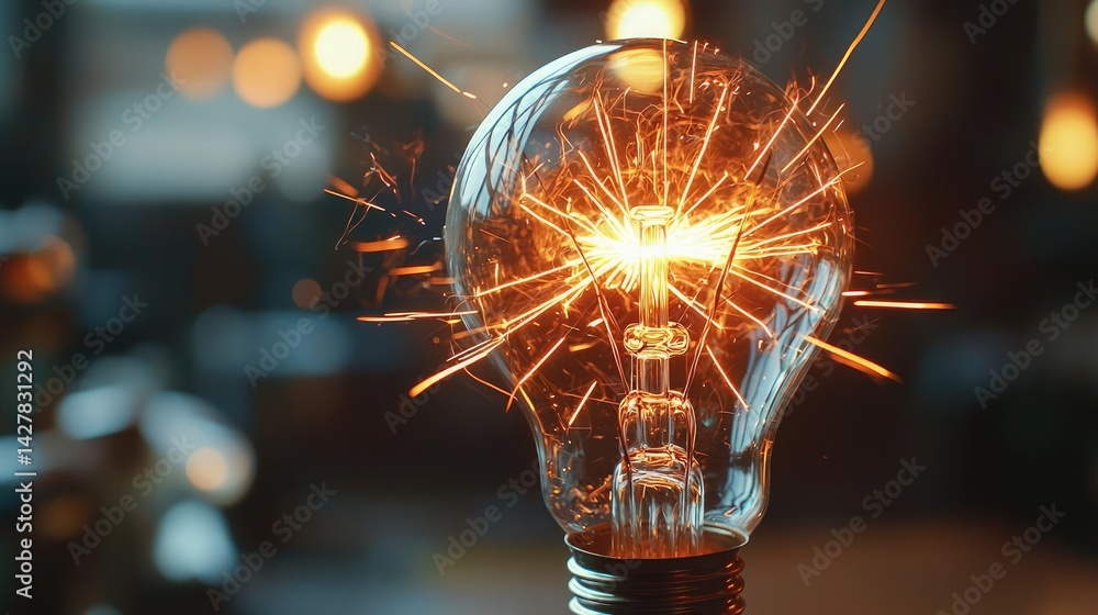 Poster explosion of lightbulb in electric high-speed burst concept. illuminated light bulb with sparks in a