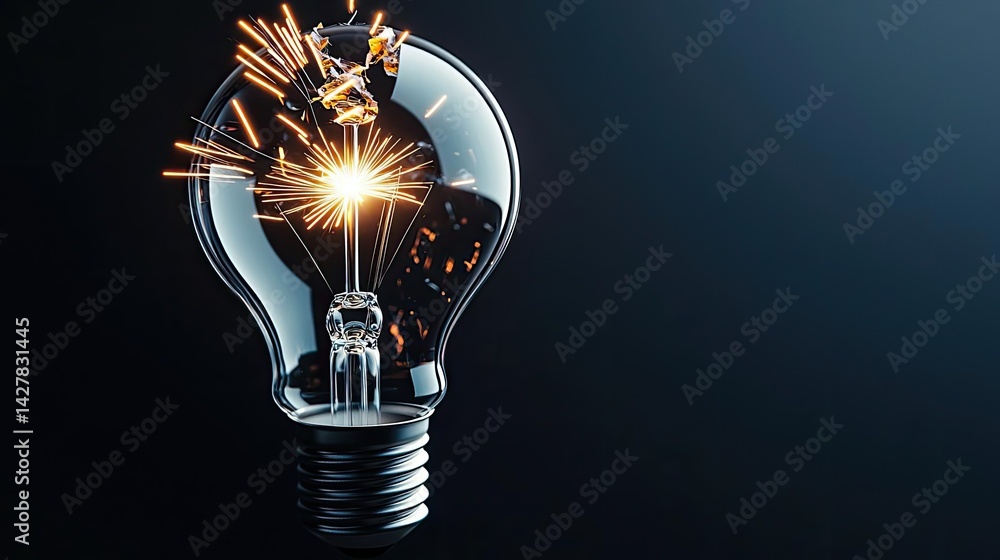Poster explosion of lightbulb in electric high-speed burst concept. a shattered light bulb sparking with cr