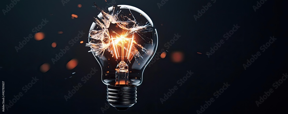 Poster explosion of lightbulb showing filament and invention concept. a shattered light bulb illustrating c