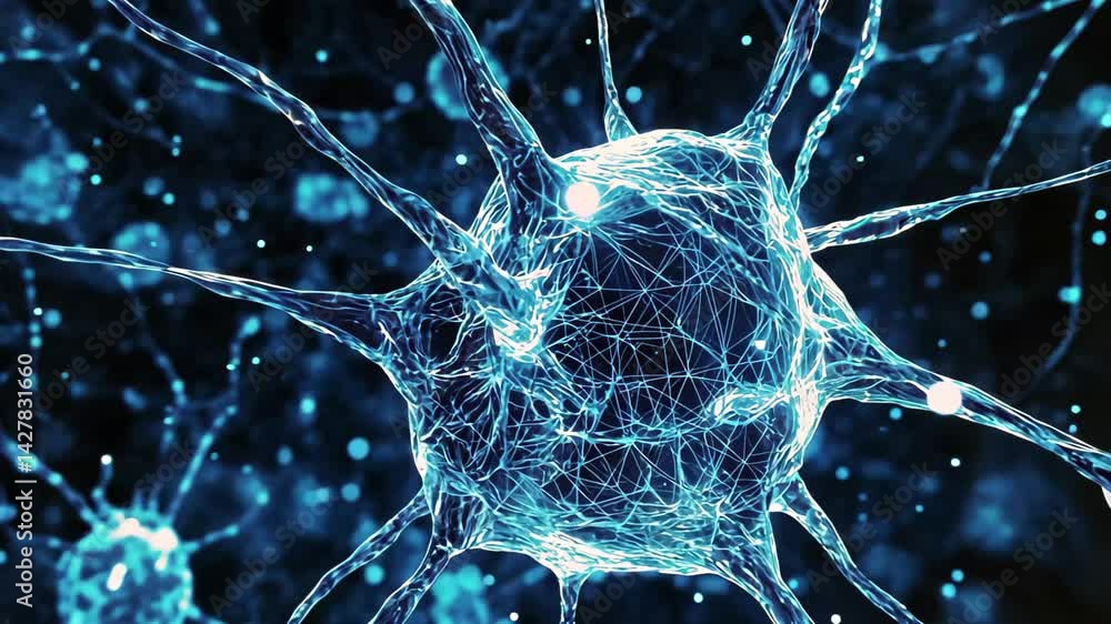 Poster exploration of blue cyber network grid with artificial neurons and neural connections, blue cyber ne
