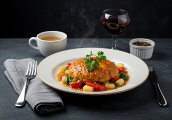 Delicious food plate with chicken and vegetables gourmet meal culinary cuisine fine dining restaurant dish