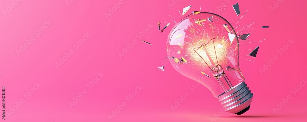 Poster explosion of lightbulb with creative invention impact concept. a shattered lightbulb emitting a glow