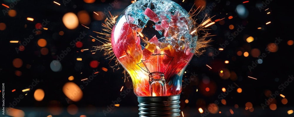 Poster Explosion of lightbulb with creative invention impact concept. A vibrant and artistic image of a light bulb exploding dramatically.