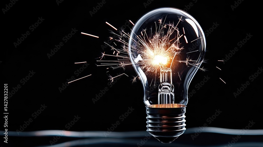 Poster explosion of lightbulb with creative invention impact concept. a glowing light bulb emitting sparks 