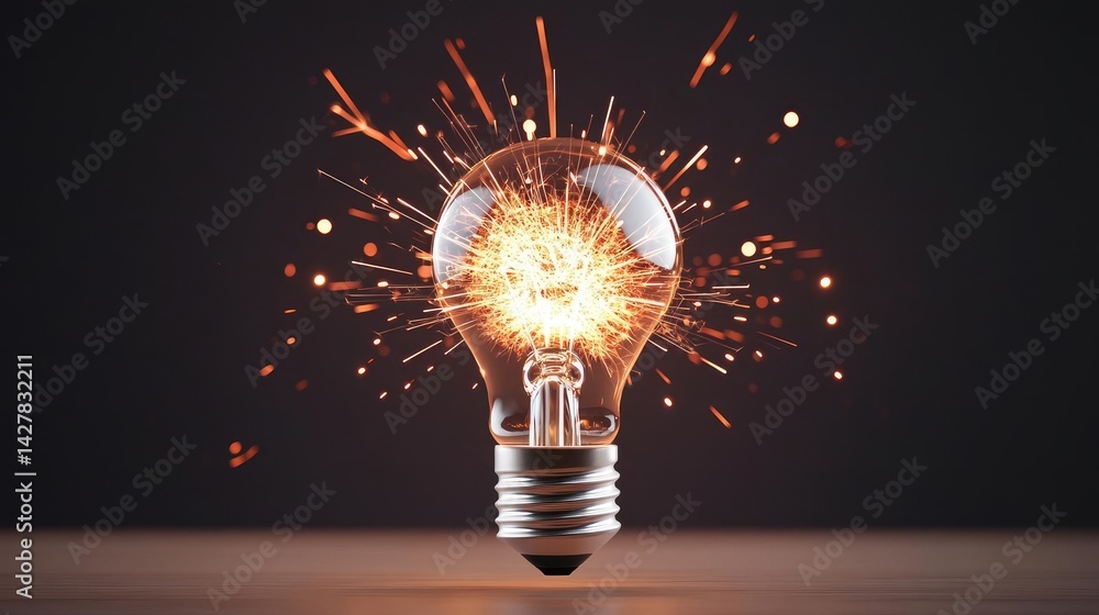 Poster Explosion of lightbulb with creative invention impact concept. Dynamic light bulb with sparks illuminating a dark background.