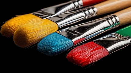 Fototapeta premium Close up of Four Paintbrushes with Yellow, Blue, Red, and Green Paint on Black Background