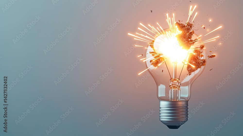 Poster explosion of lightbulb in electric high-speed burst concept. an exploding light bulb representing in