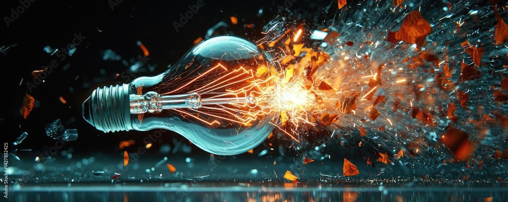 Poster Explosion of lightbulb with creative invention impact concept. A light bulb exploding with sparks and shards of glass.