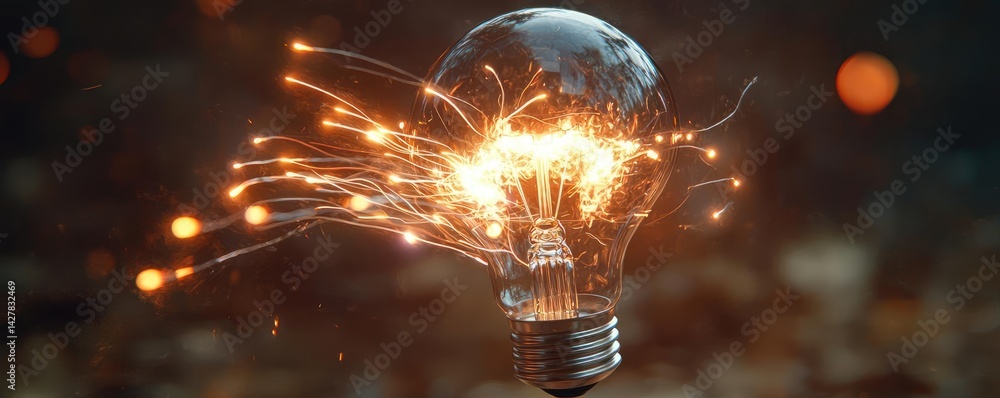 Aufkleber Explosion of lightbulb with creative invention impact concept. A creative light bulb exploding with bright sparks and energy.