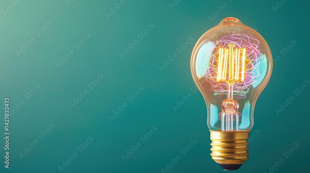 Poster explosion of lightbulb with creative invention impact concept. a glowing light bulb against a teal b