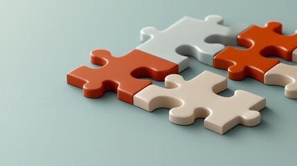 Fototapeta premium Close Up of Interlocking Puzzle Pieces in Earthy Tones on a Soft Gray Surface