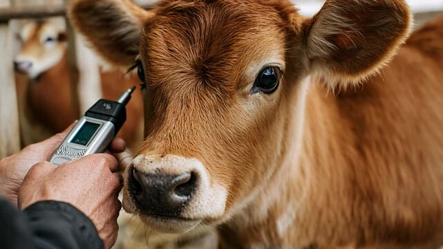 Examining Bovine Health: A close-up shot captures the crucial process of a calf's health check. The detailed image highlights the tender care and assessment, reflecting the essence of animal welfare.