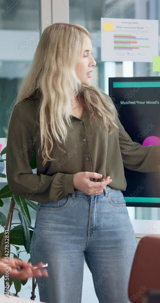 Aufkleber Presentation, project and business woman in meeting for tech startup, music app prototype and planning. Developers, sound search algorithm and discussion with person in office for programmer pitch