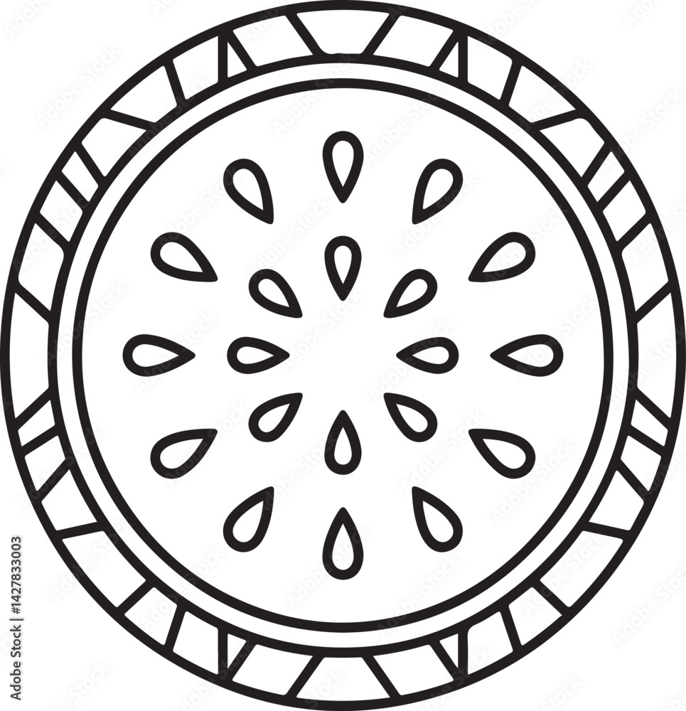 Poster watermelon line drawing in circular symmetrical form with simplified seeds bold outlines and stylize