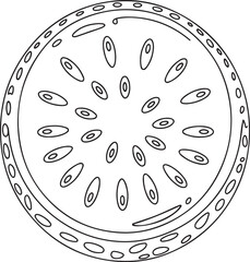 Bold black and white watermelon illustration with graphic symmetry geometric seed patterns and stylized round fruit in minimalist line drawing