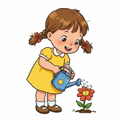 Young girl watering flower illustration