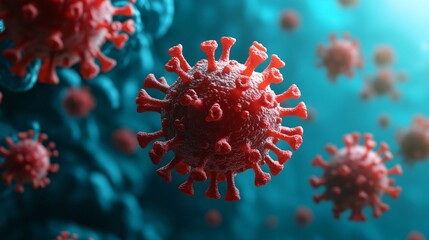 highly detailed 3d illustration of the coronavirus covid-19 with spiky surface and red and blue color scheme