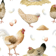 Beige chickens hens and rooster with eggs and nests watercolor seamless pattern on white. Poultry yard birds for farm animals designs. Realistic fowls repeat background for fall village designs