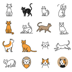 Fototapeta premium Set of cute cat illustrations in various poses and colors for graphic design elements