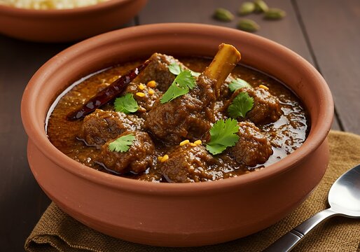 Delicious mutton curry indian food dish with spices and herbs in a clay pot traditional cuisine meal