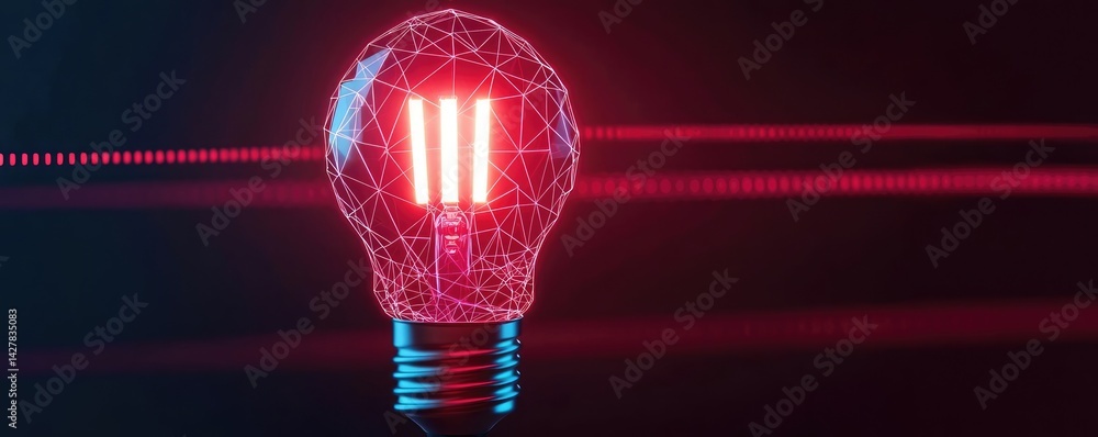 Poster Polygon lightbulb featuring lamp and network concept. A futuristic light bulb design illuminated with red neon lights.