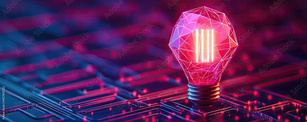 Poster polygon lightbulb featuring lamp and network concept. innovative light bulb glowing on a digital cir