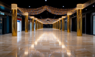 Elegant shopping mall corridor decorated with golden pillars and festive lights, creating a luxurious atmosphere for shoppers and visitors alike
