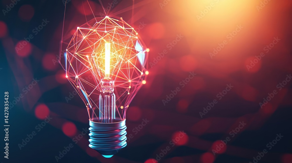 Poster Polygon lightbulb featuring lamp and network concept. A glowing light bulb with a network design illuminating the space.