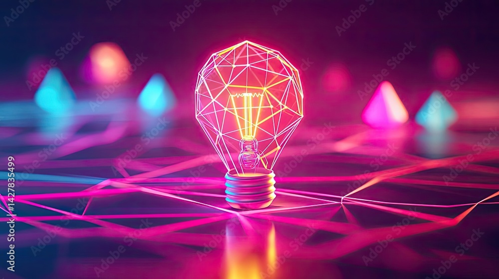 Poster Polygon lightbulb featuring lamp and network concept. Colorful glowing light bulb in a modern digital environment.