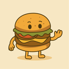 Cute cartoon burger character with a happy face, featuring layers of cheese, lettuce, and tomato. Perfect for branding, kids' merchandise, t-shirts, stickers, and food-themed designs.