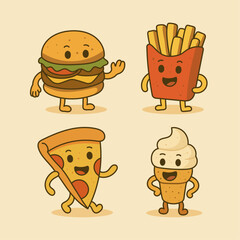 Adorable fast food cartoon characters featuring a cheeseburger, fries, pizza slice, and ice cream cone. Each character has a playful and happy expression