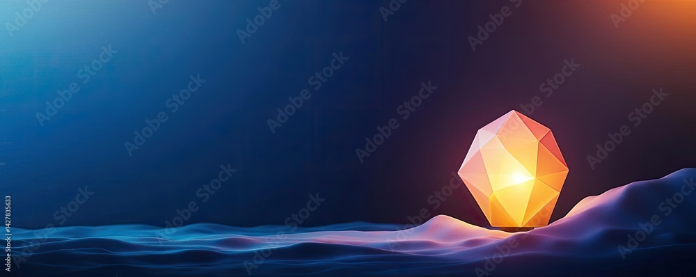 Poster Polygon lightbulb featuring lamp and network concept. Illuminated geometric shape in a serene blue environment.