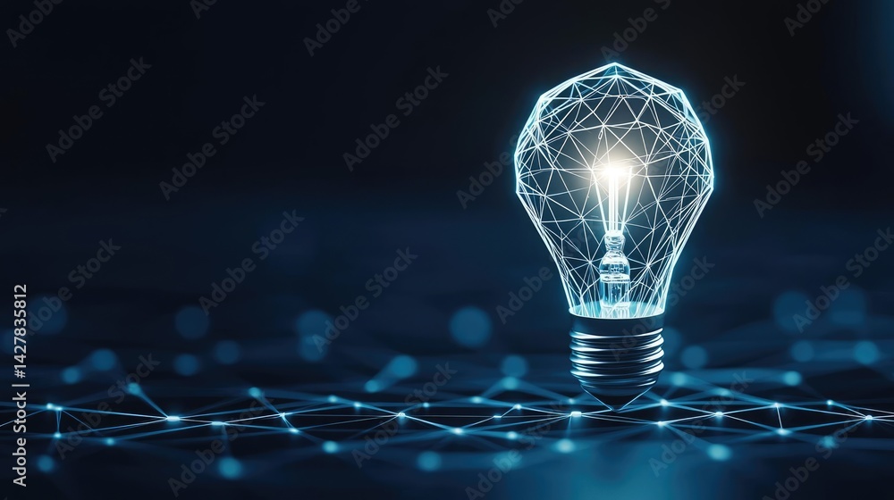 Poster Polygon lightbulb featuring lamp and network concept. Futuristic light bulb design showcasing innovation and creativity.