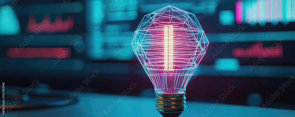 Poster polygon lightbulb in business and idea exchange concept. innovative light bulb with futuristic desig