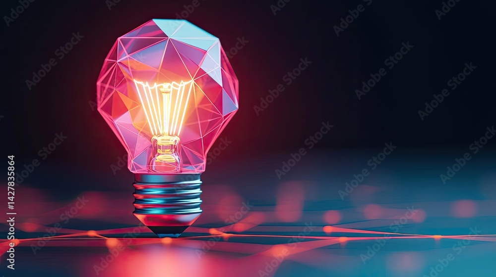Poster polygon lightbulb featuring lamp and network concept. a modern, geometric light bulb glowing in vibr