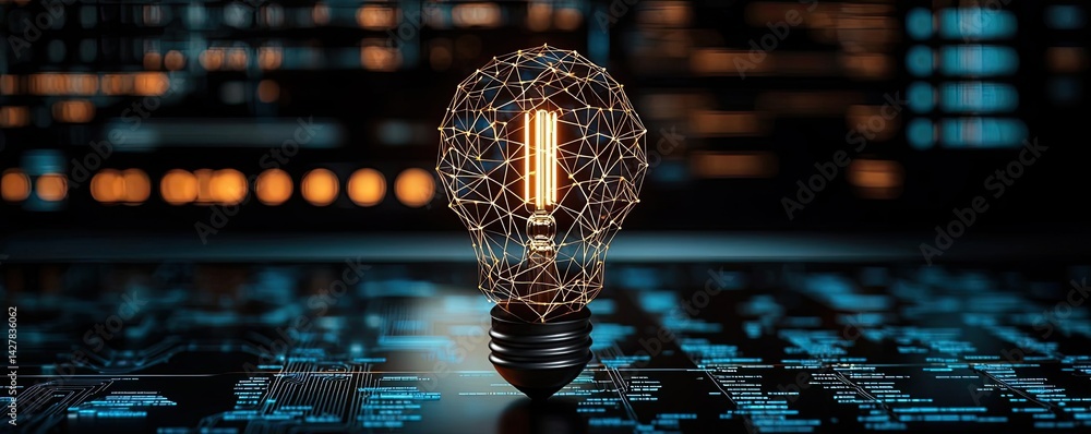 Poster polygon lightbulb with innovation and exchange concept. a glowing light bulb symbolizing innovation 